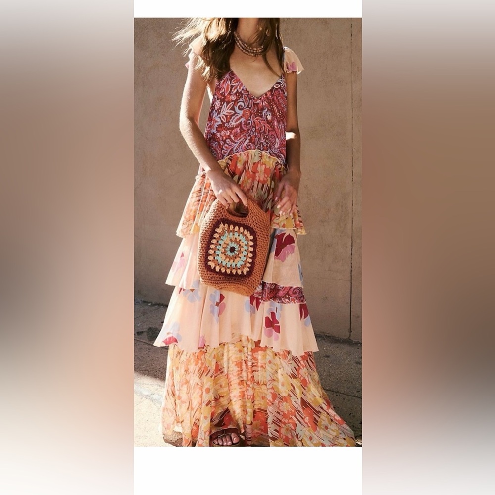 Free People Coraline Tiered Maxi Dress Boho Floral Pink Ruffle Size 0 - Picture 15 of 16